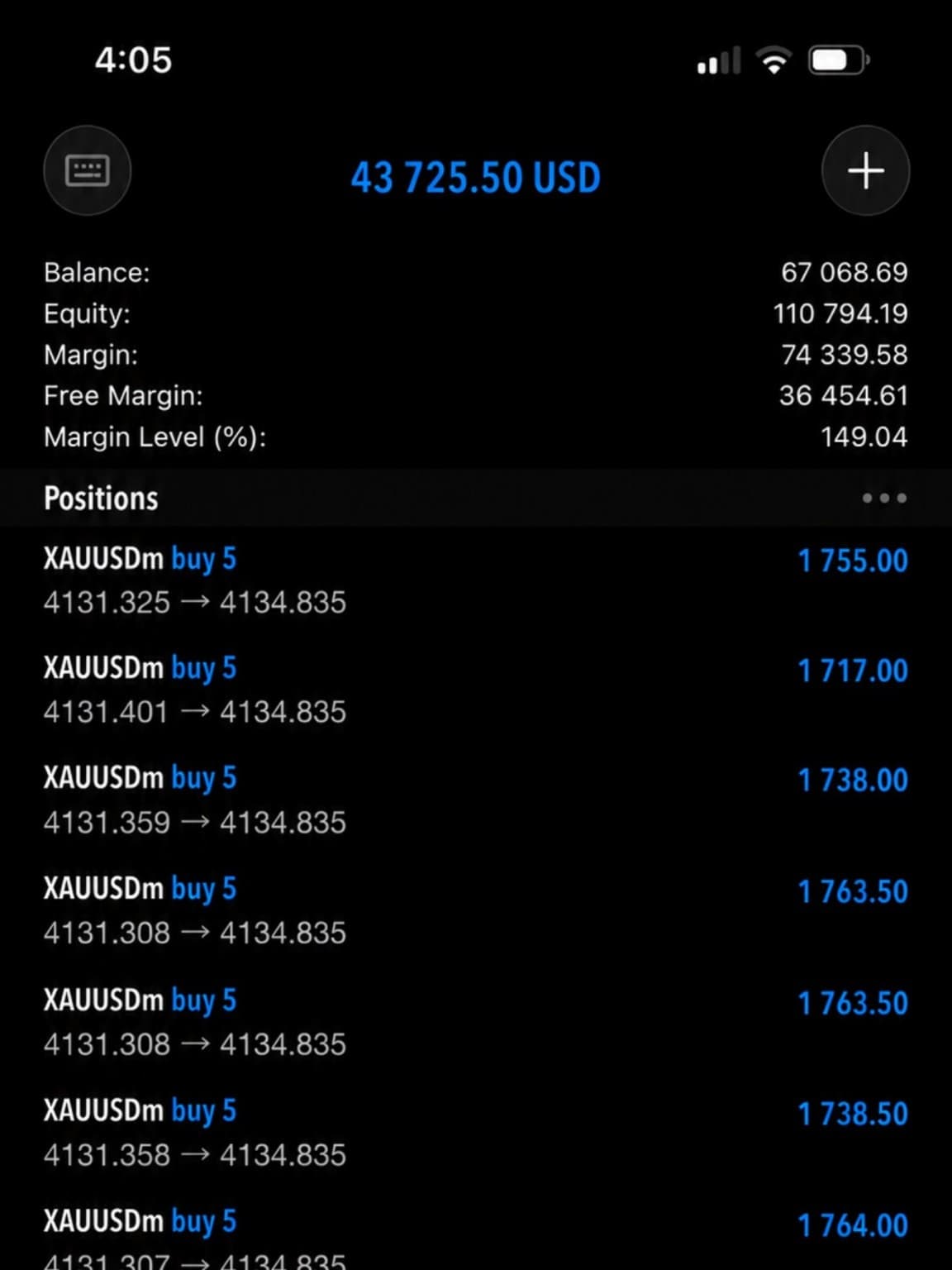 Supplied gold-position screenshot displaying 43,725.50 US dollars in floating profit.